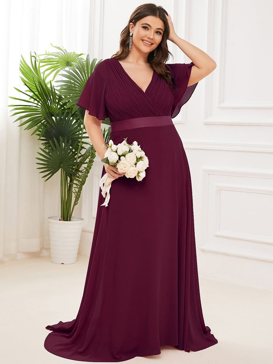 Flutter Sleeves Long Plus Size Bridesmaid Dress #color_Mulberry