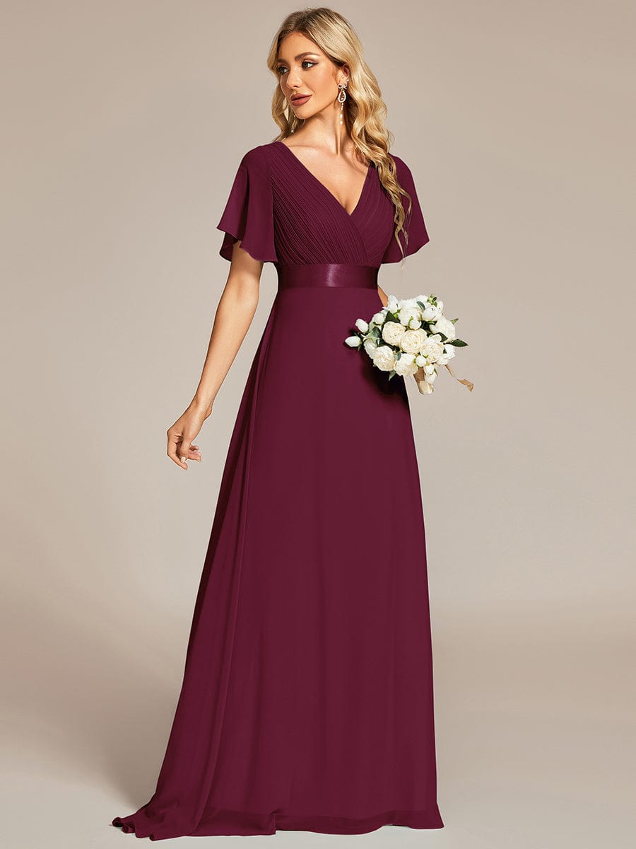 Custom Size V-neck Empire Waist Maxi Bridesmaid Dress with Short Sleeves #color_Mulberry