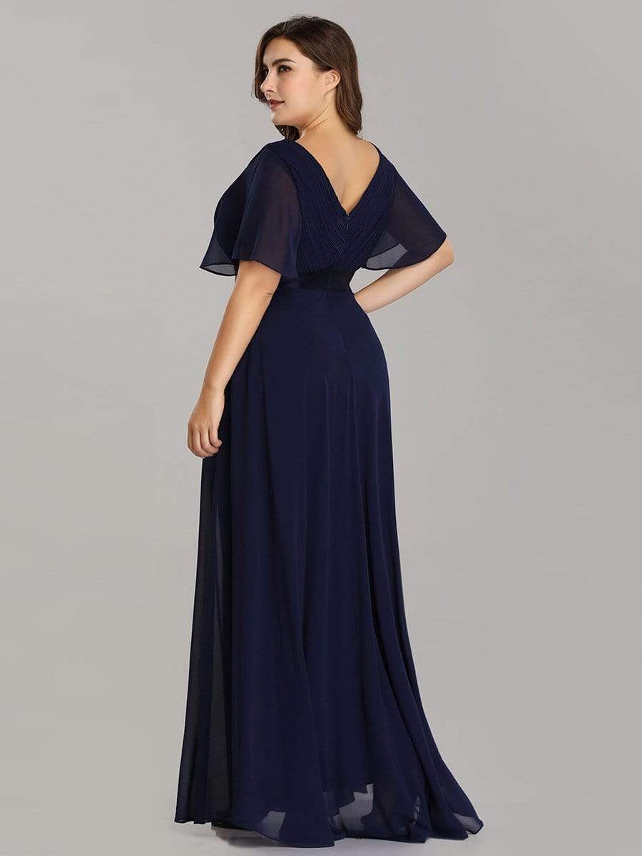 Empire Waist Floor Length Bridesmaid Dress with Short Flutter Sleeves #color_Navy Blue