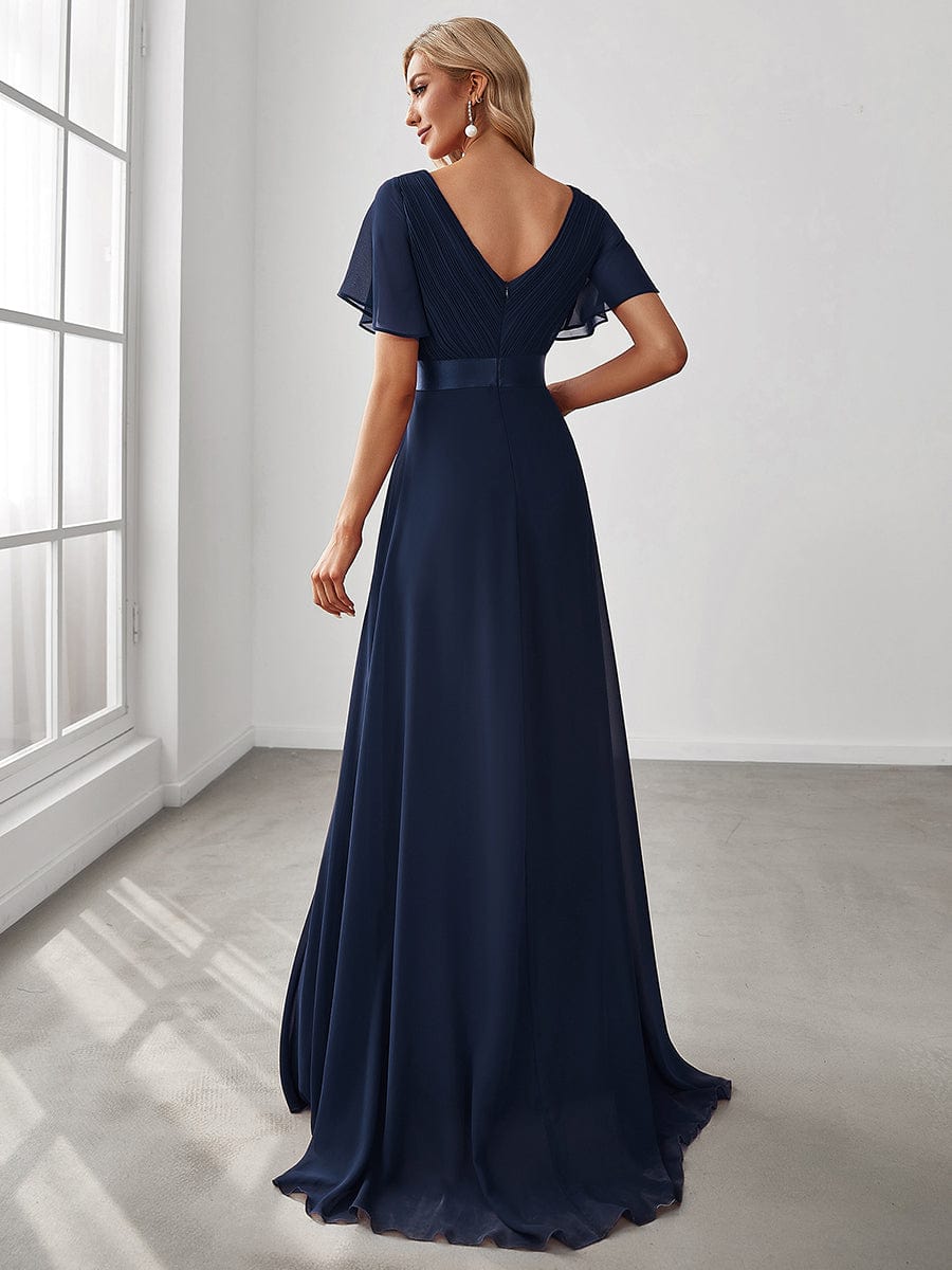 Empire Waist Floor Length Bridesmaid Dress with Short Flutter Sleeves #color_Navy Blue