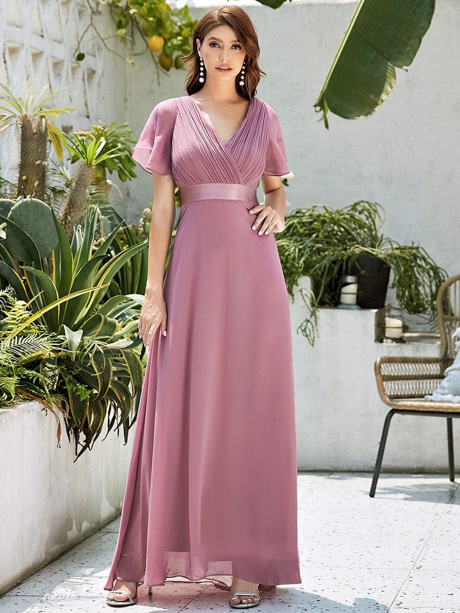 Custom Size V-neck Empire Waist Maxi Bridesmaid Dress with Short Sleeves #color_Purple Orchid