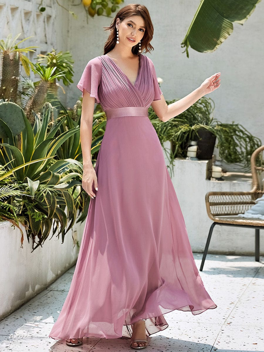 Custom Size V-neck Empire Waist Maxi Bridesmaid Dress with Short Sleeves #color_Purple Orchid