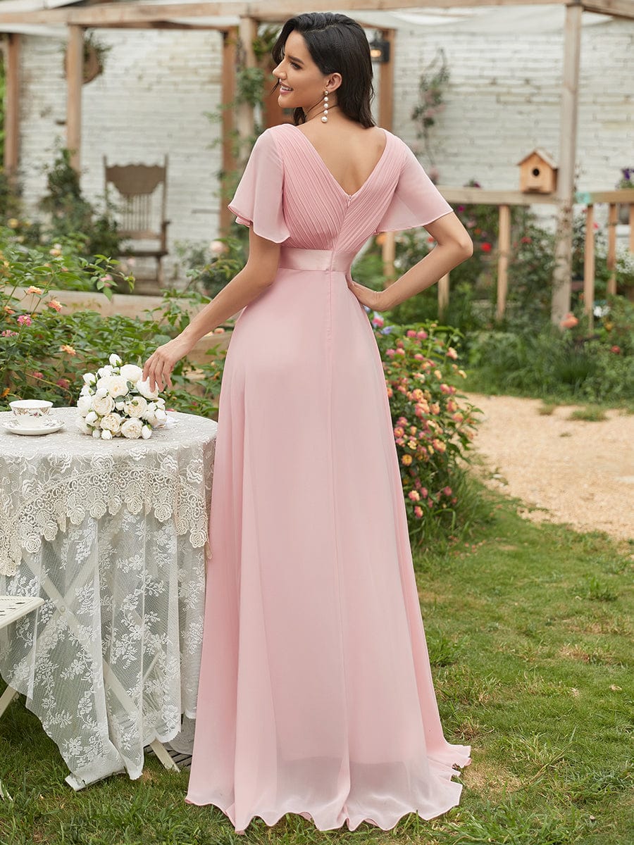 Custom Size V-neck Empire Waist Maxi Bridesmaid Dress with Short Sleeves #color_Pink