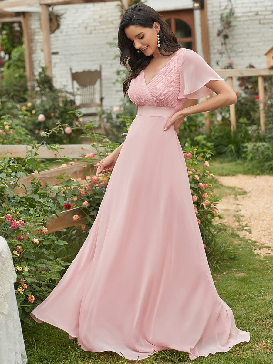 Custom Size V-neck Empire Waist Maxi Bridesmaid Dress with Short Sleeves #color_Pink