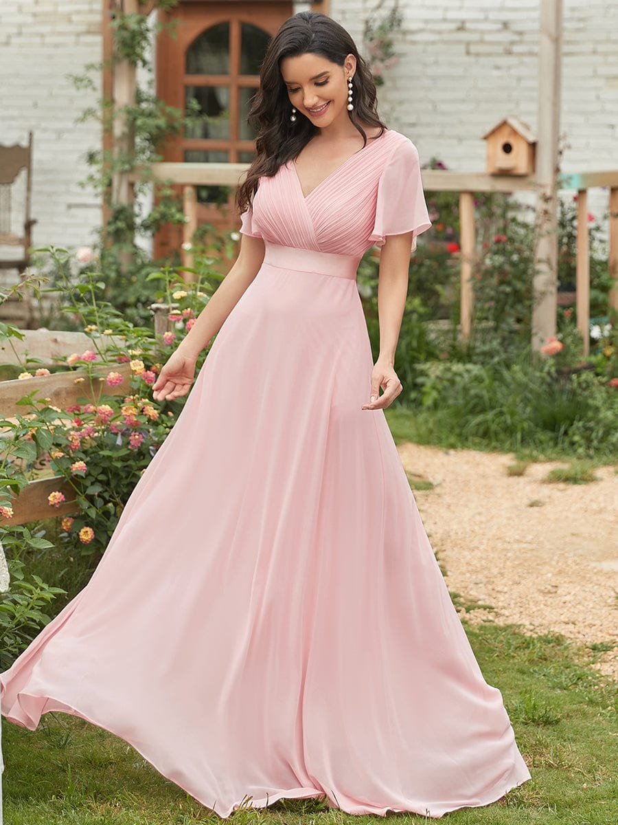 Custom Size V-neck Empire Waist Maxi Bridesmaid Dress with Short Sleeves #color_Pink