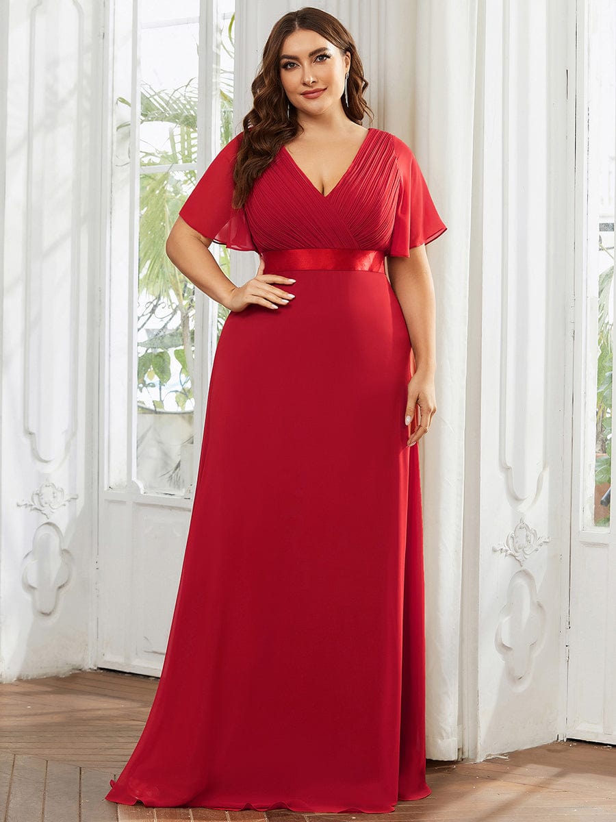 Flutter Sleeves Long Plus Size Bridesmaid Dress #color_Red