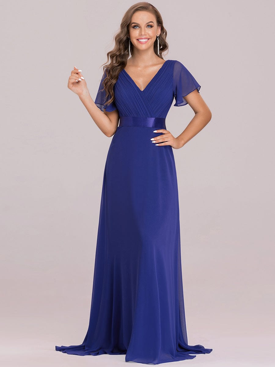 Custom Size V-neck Empire Waist Maxi Bridesmaid Dress with Short Sleeves #color_Sapphire Blue