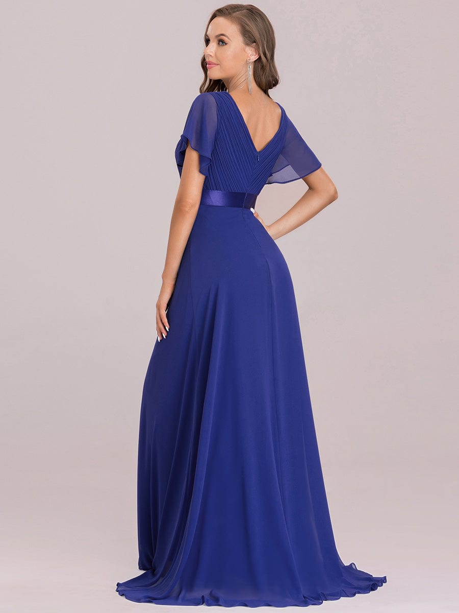 Custom Size V-neck Empire Waist Maxi Bridesmaid Dress with Short Sleeves #color_Sapphire Blue