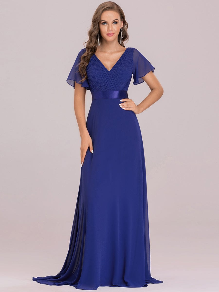 Custom Size V-neck Empire Waist Maxi Bridesmaid Dress with Short Sleeves #color_Sapphire Blue