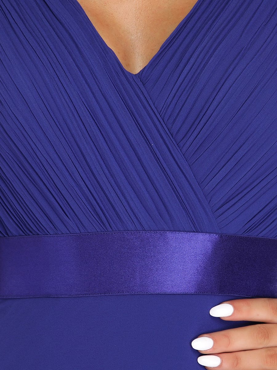 Custom Size V-neck Empire Waist Maxi Bridesmaid Dress with Short Sleeves #color_Sapphire Blue