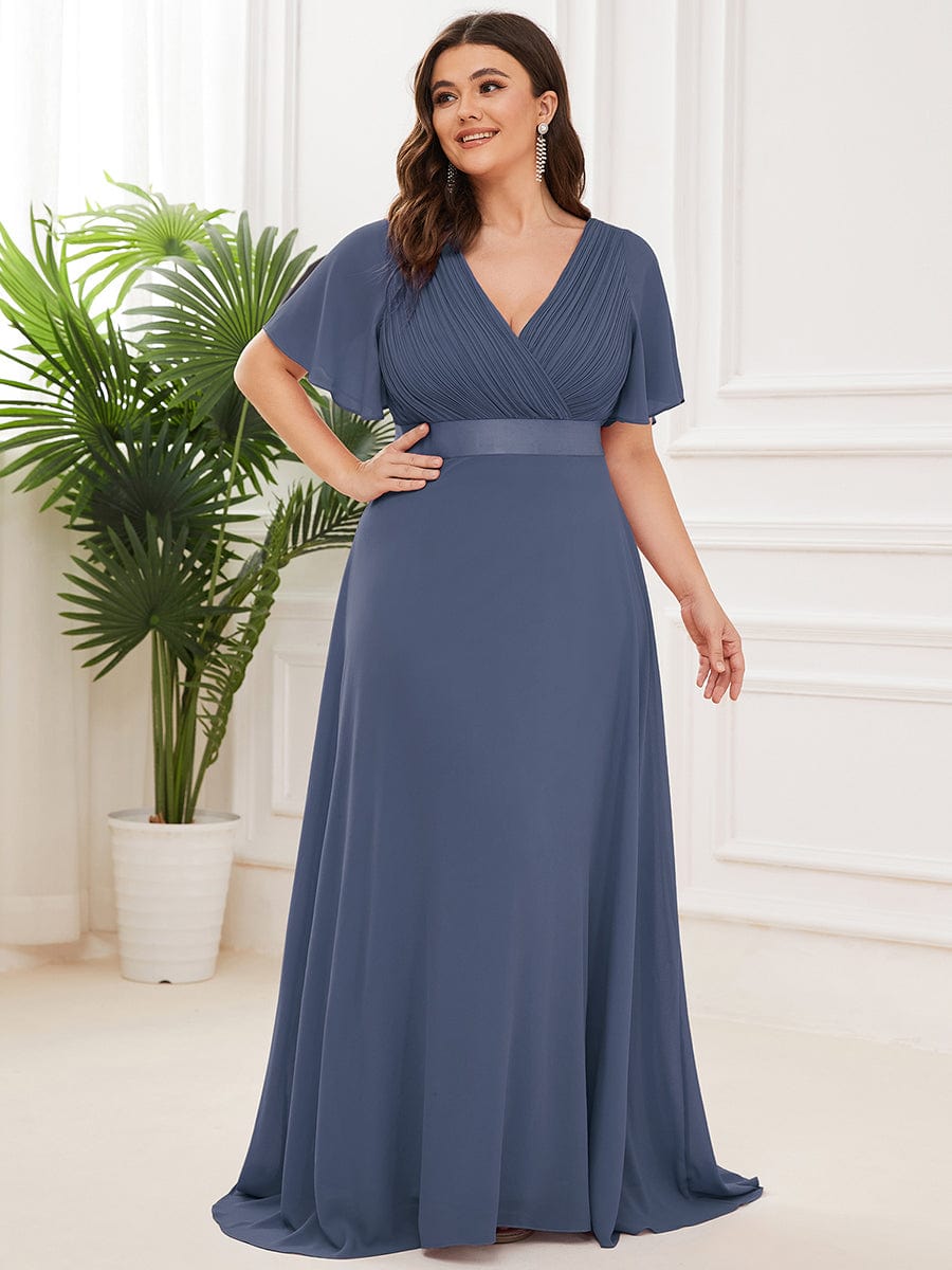 Flutter Sleeves Long Plus Size Bridesmaid Dress #color_Stormy