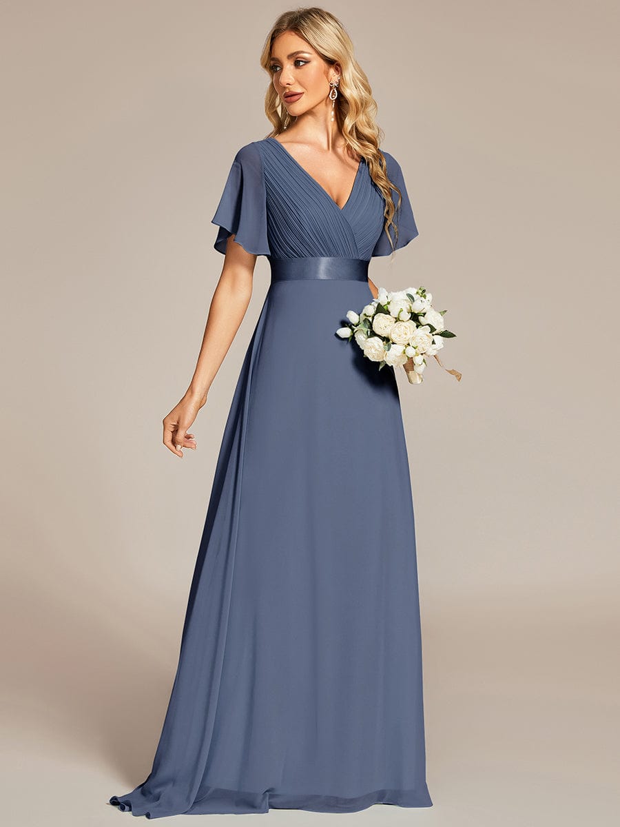 Custom Size V-neck Empire Waist Maxi Bridesmaid Dress with Short Sleeves #color_Stormy