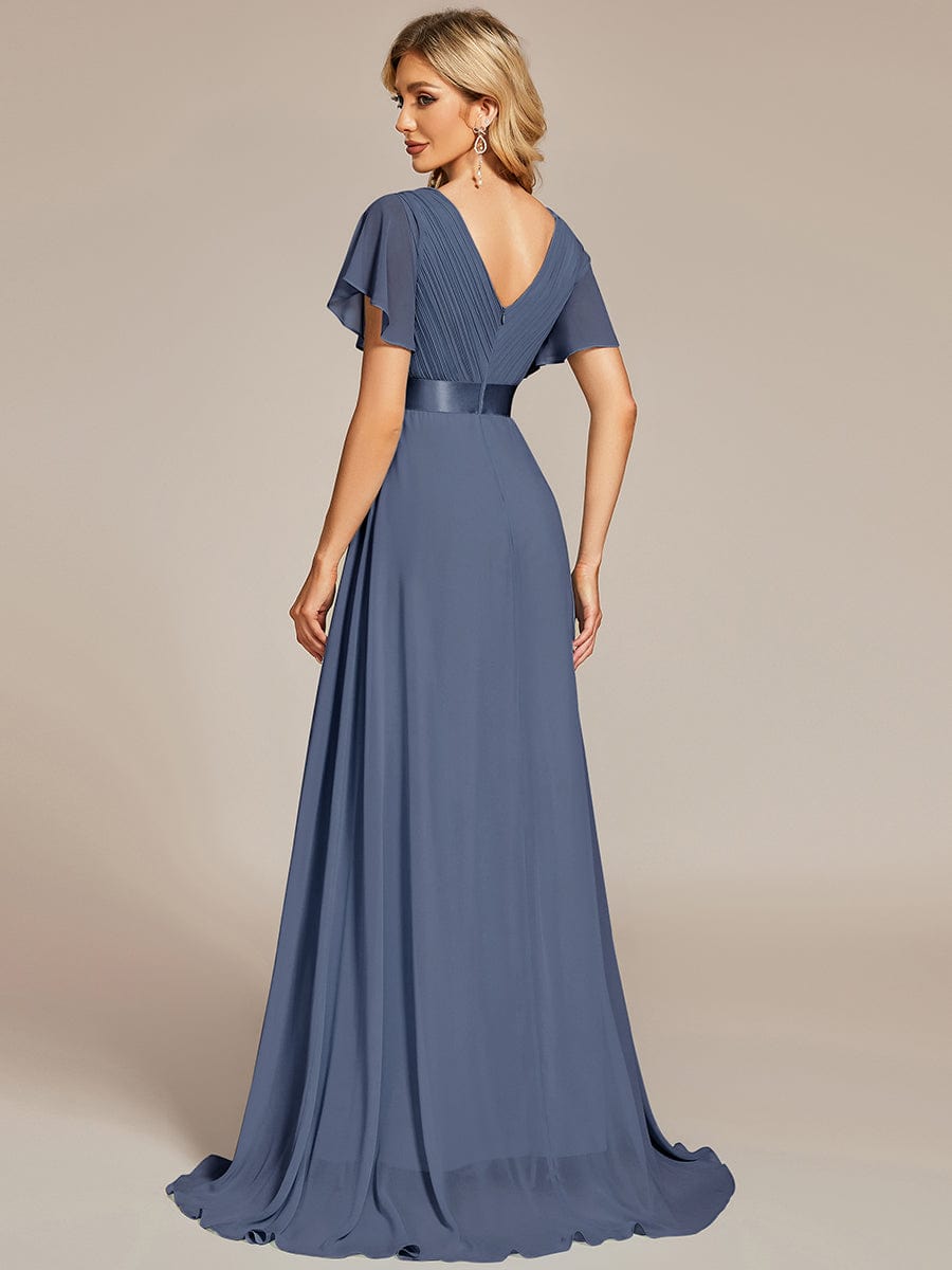 Custom Size V-neck Empire Waist Maxi Bridesmaid Dress with Short Sleeves #color_Stormy