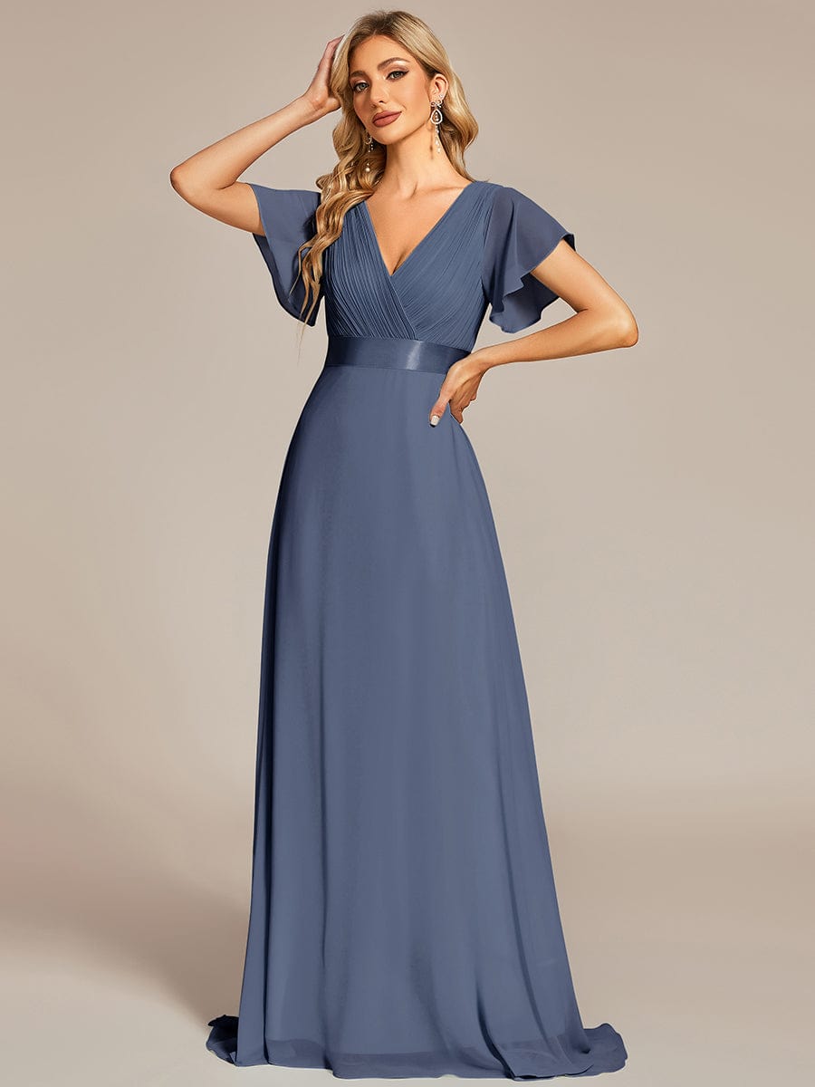 Custom Size V-neck Empire Waist Maxi Bridesmaid Dress with Short Sleeves #color_Stormy