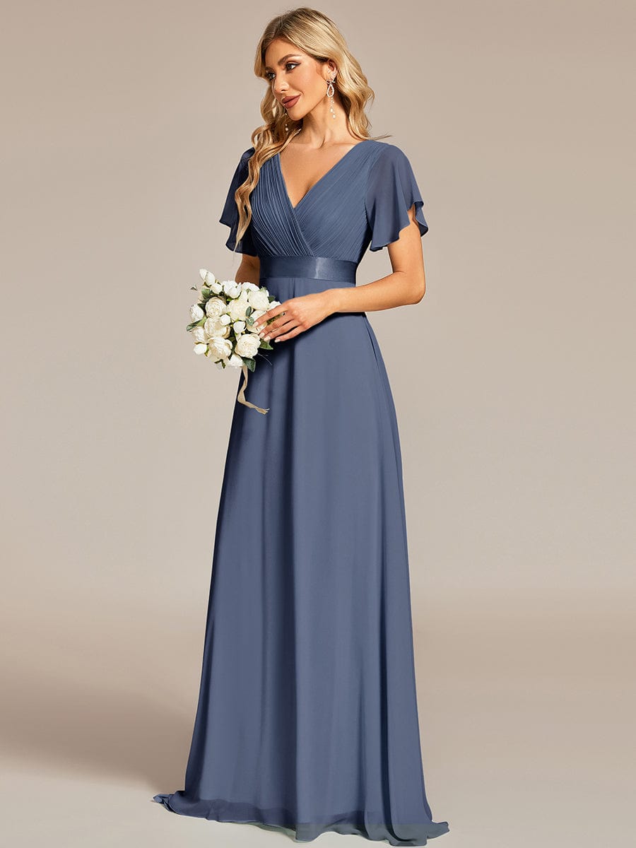 Custom Size V-neck Empire Waist Maxi Bridesmaid Dress with Short Sleeves #color_Stormy