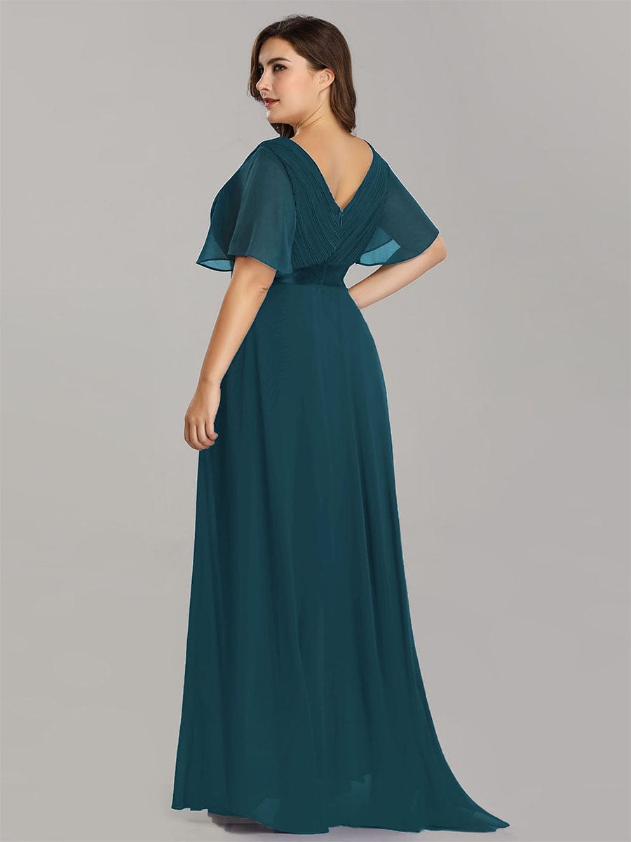 High Waist Maxi Chiffon Bridesmaid Dress with Short Sleeves #color_Teal