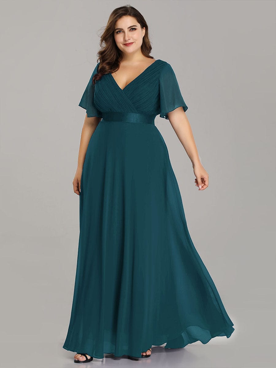 High Waist Maxi Chiffon Bridesmaid Dress with Short Sleeves #color_Teal