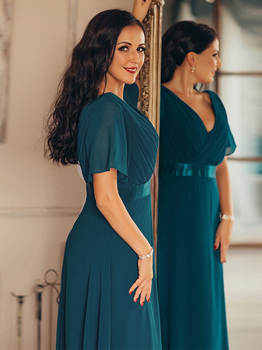 High Waist Maxi Chiffon Bridesmaid Dress with Short Sleeves #color_Teal