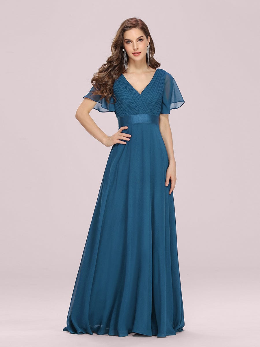 Custom Size V-neck Empire Waist Maxi Bridesmaid Dress with Short Sleeves #color_Teal