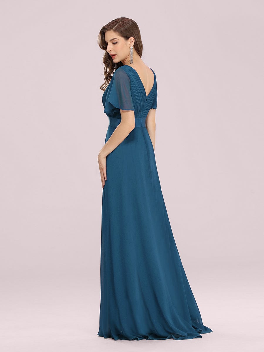 Custom Size V-neck Empire Waist Maxi Bridesmaid Dress with Short Sleeves #color_Teal