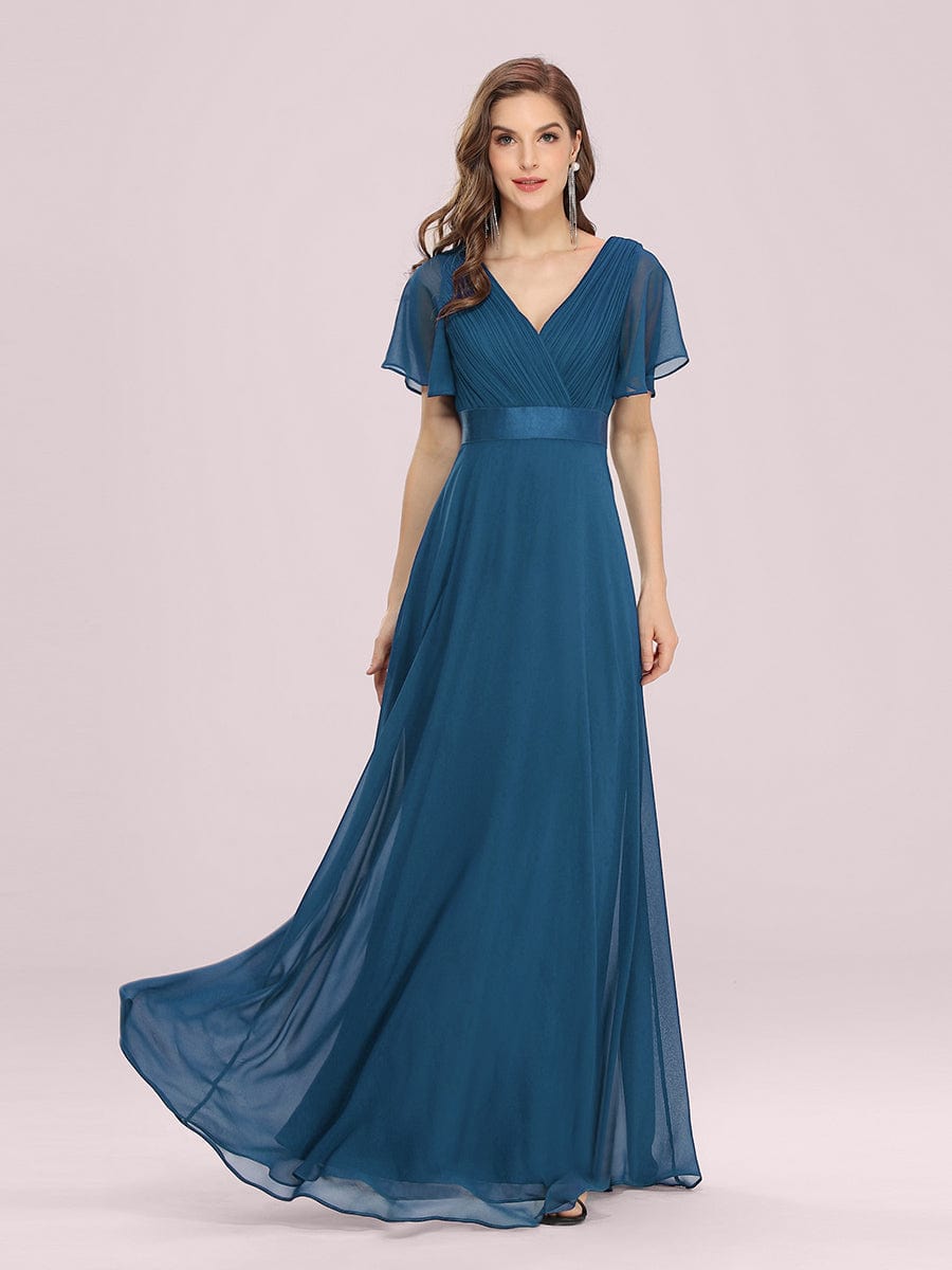 Custom Size V-neck Empire Waist Maxi Bridesmaid Dress with Short Sleeves #color_Teal