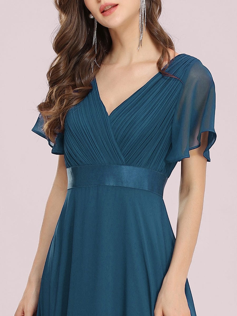 Custom Size V-neck Empire Waist Maxi Bridesmaid Dress with Short Sleeves #color_Teal