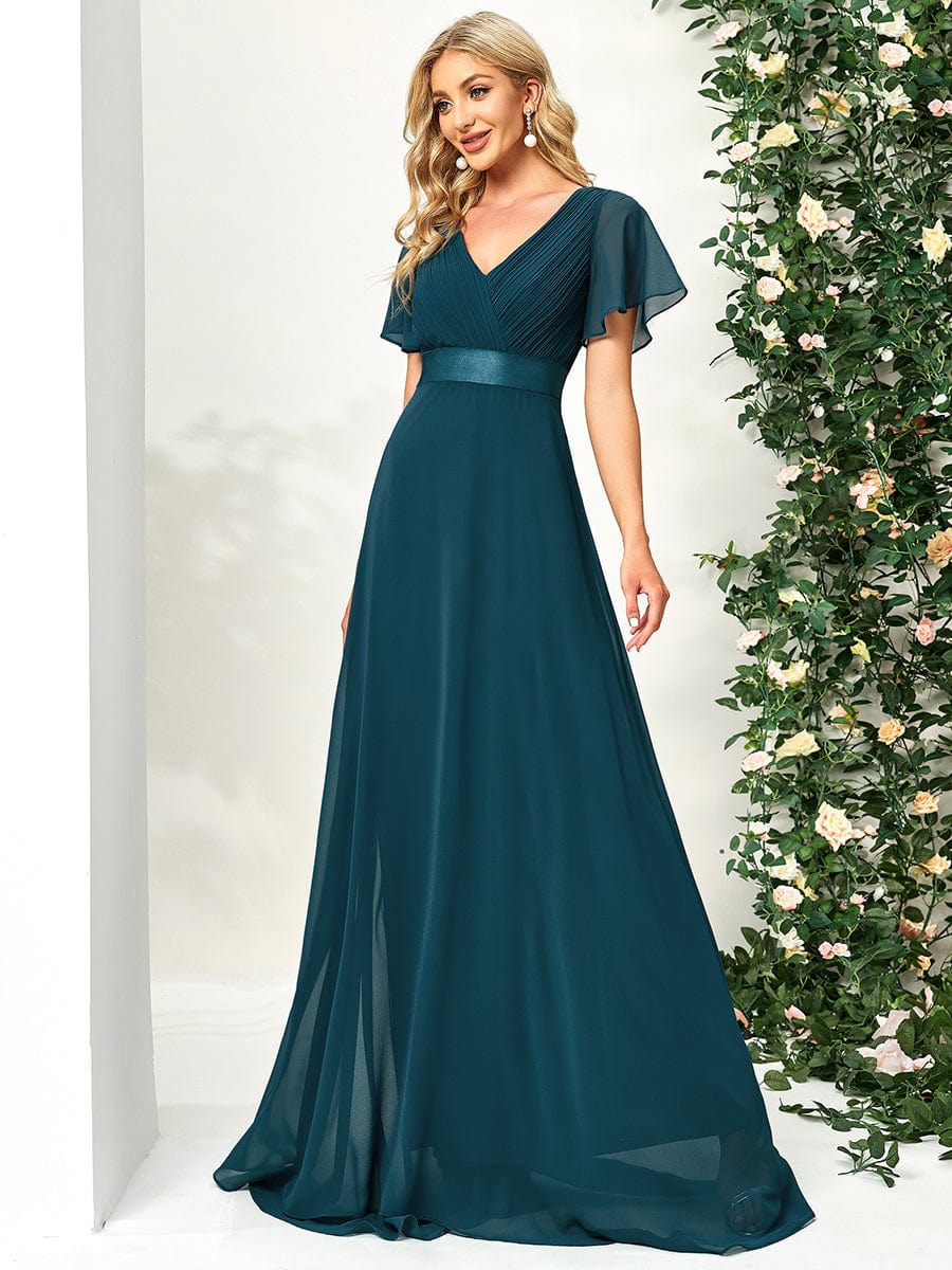 High Waist Maxi Chiffon Bridesmaid Dress with Short Sleeves #color_Teal