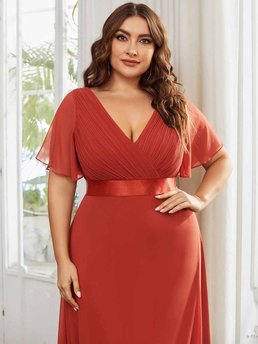 Flutter Sleeves Long Plus Size Bridesmaid Dress #color_Vermilion