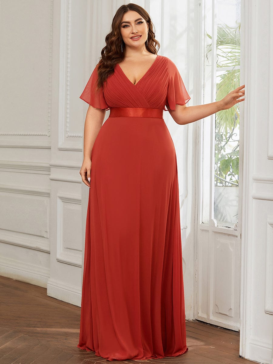 Flutter Sleeves Long Plus Size Bridesmaid Dress #color_Vermilion