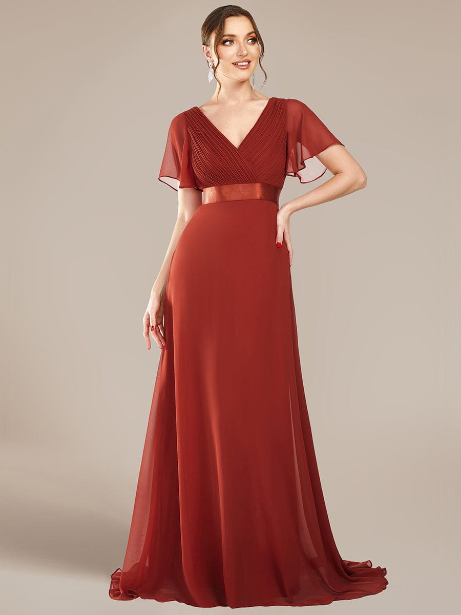 Custom Size V-neck Empire Waist Maxi Bridesmaid Dress with Short Sleeves #color_Vermilion