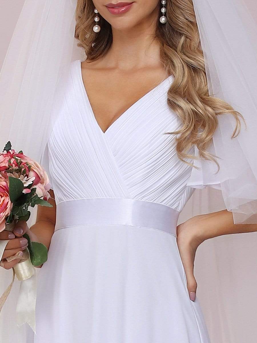 Minimalist A-Line Maxi Chiffon Wedding Dress with Satin Belt #color_White