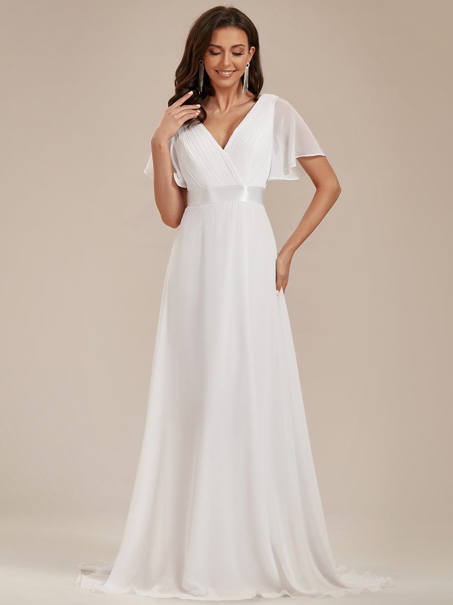 Empire Waist Floor Length Bridesmaid Dress with Short Flutter Sleeves #color_White