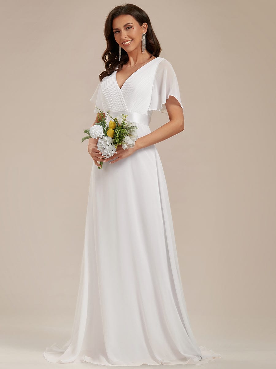 Empire Waist Floor Length Bridesmaid Dress with Short Flutter Sleeves #color_White