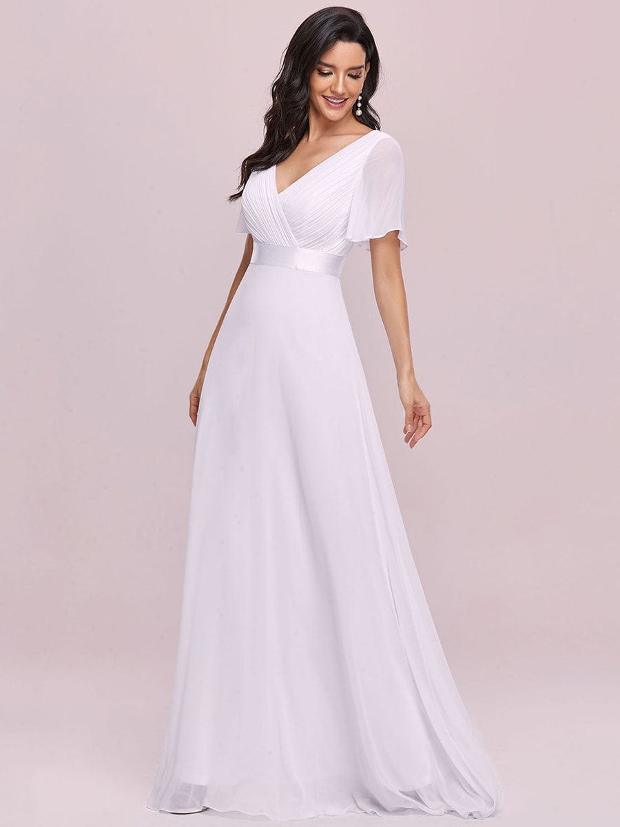 Custom Size V-neck Empire Waist Maxi Bridesmaid Dress with Short Sleeves #color_White