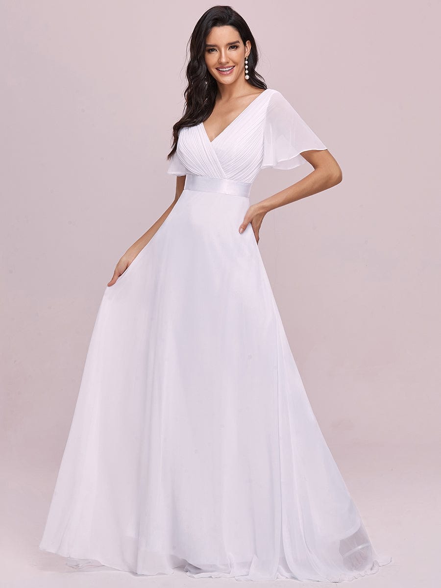 Custom Size V-neck Empire Waist Maxi Bridesmaid Dress with Short Sleeves #color_White