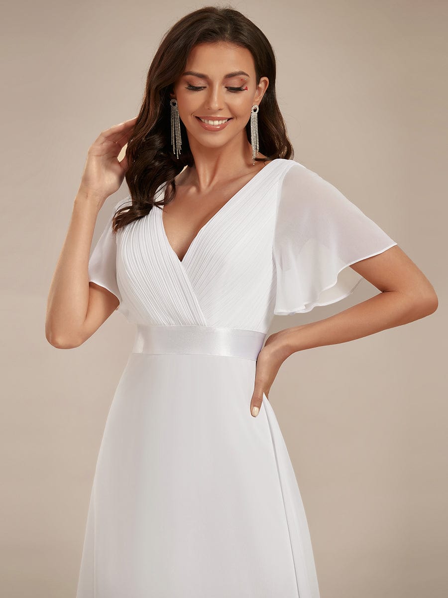 Empire Waist Floor Length Bridesmaid Dress with Short Flutter Sleeves #color_White