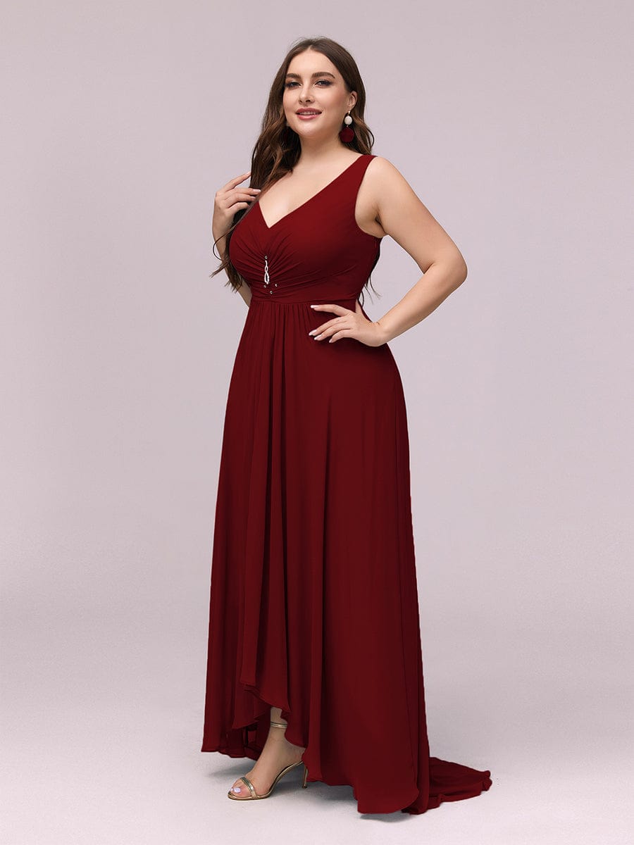 Plus Size Rhinestone V Neck High Low Party Dress #color_Burgundy