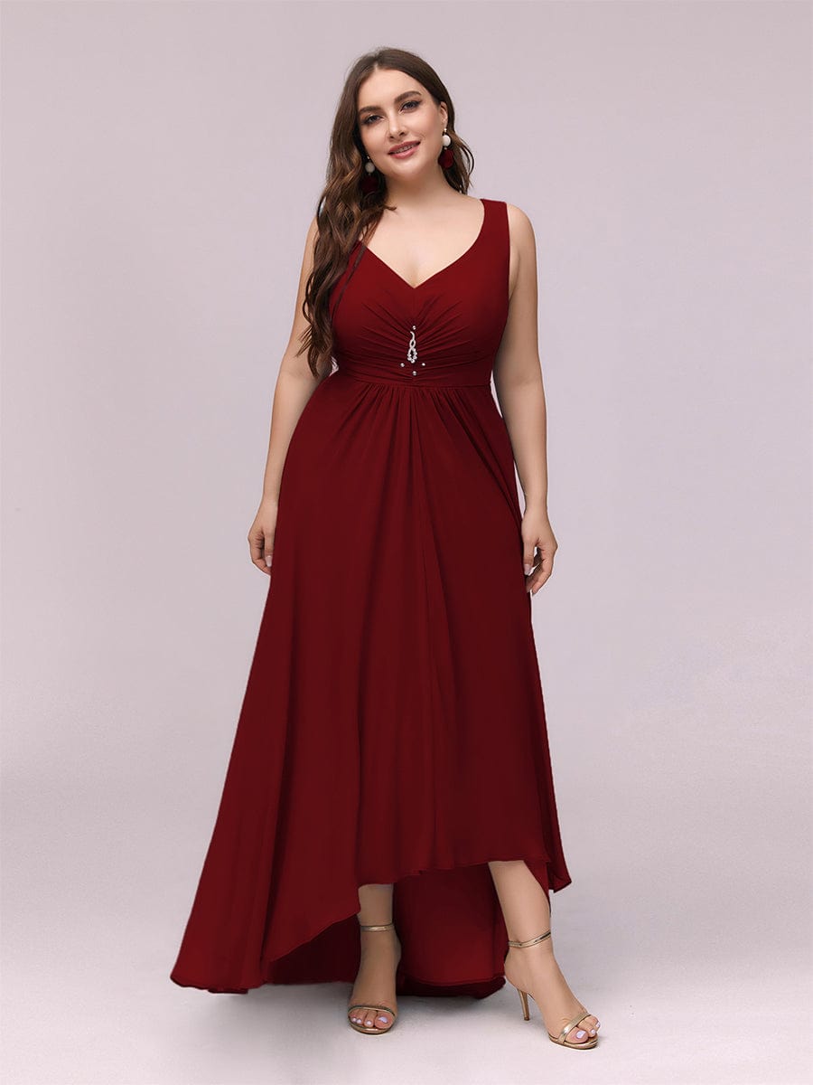 Custom Size V-Neck High-Low Chiffon Evening Dress #color_Burgundy