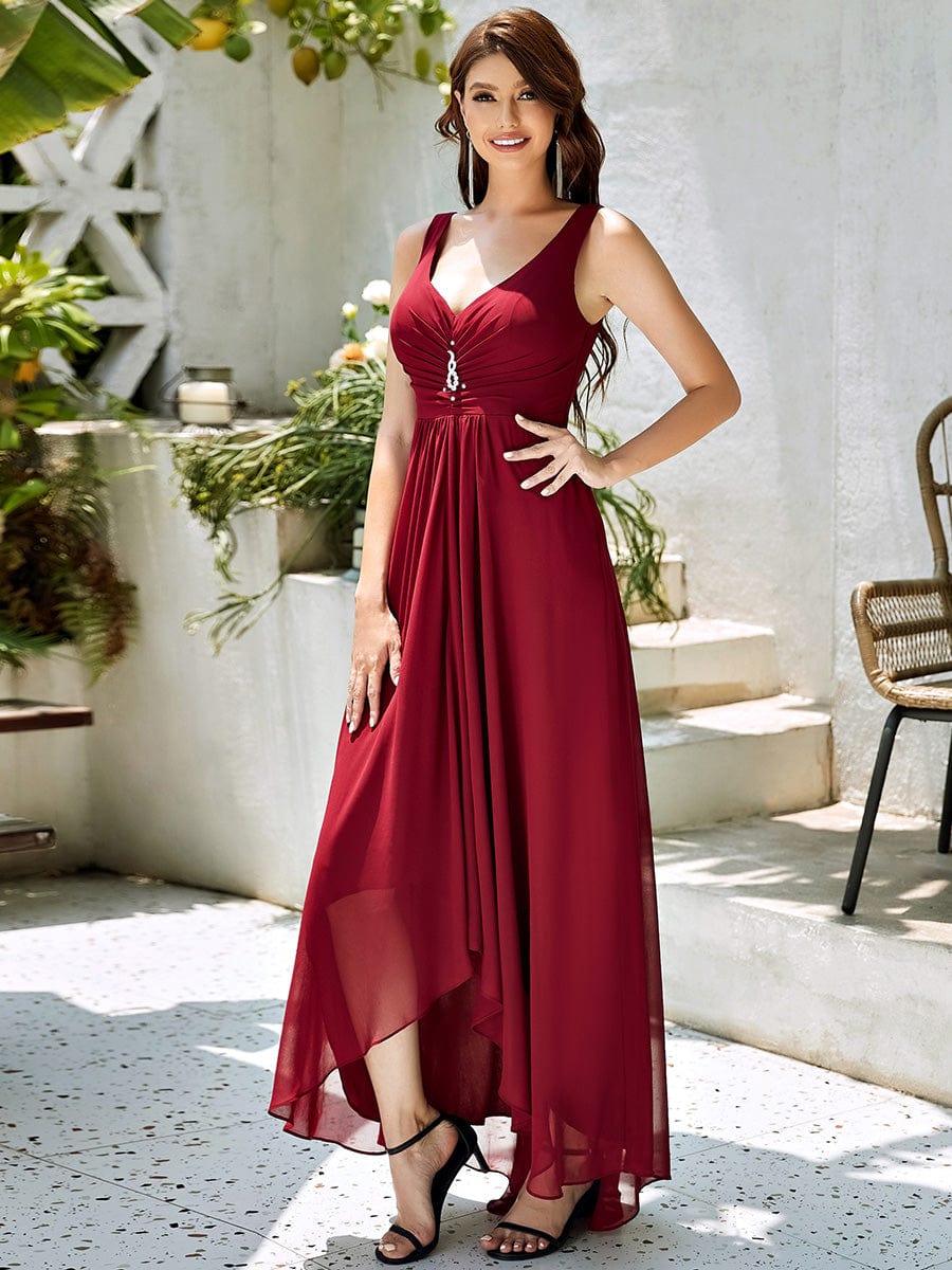 Custom Size V-Neck High-Low Chiffon Evening Dress #color_Burgundy