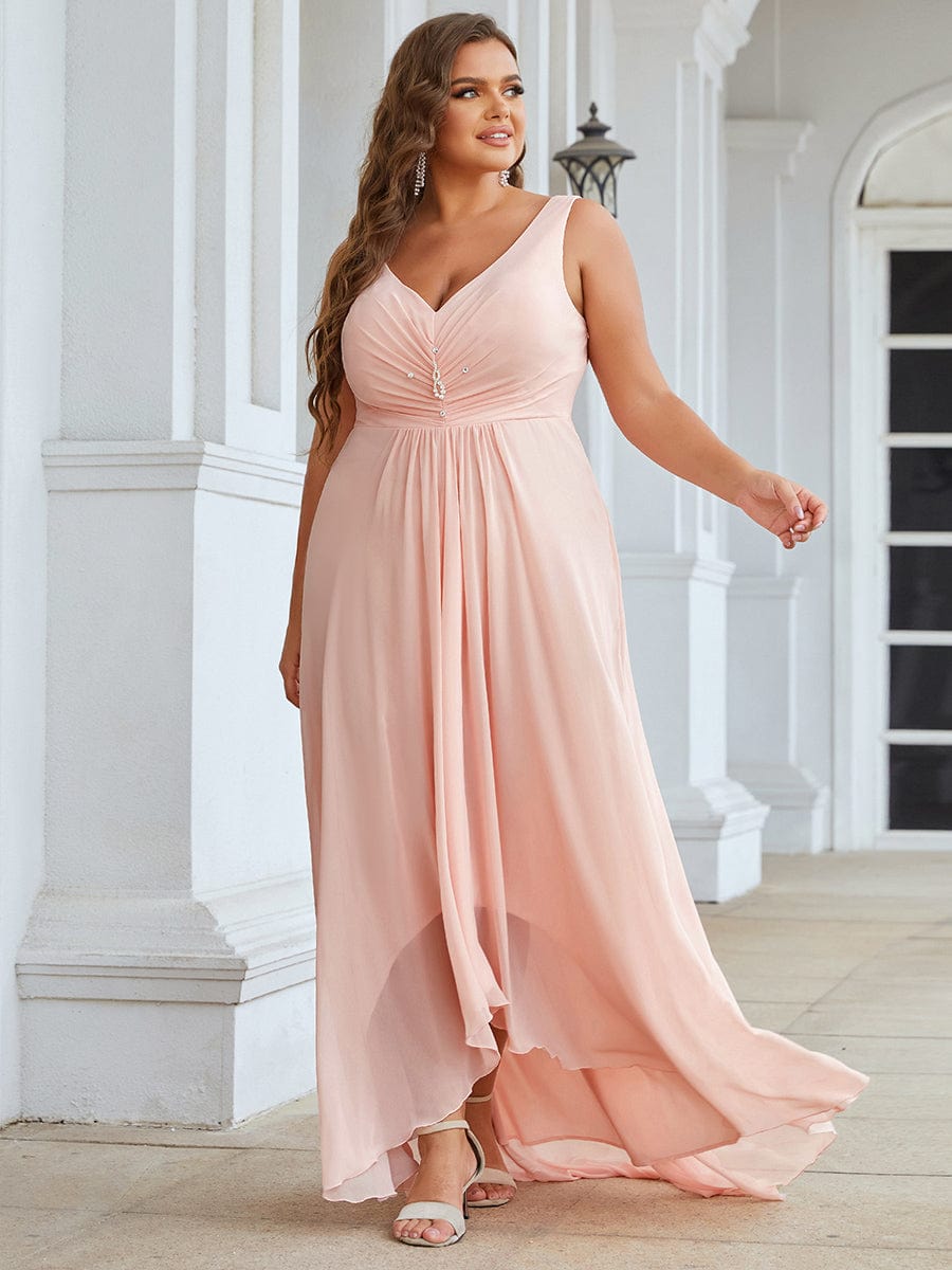 Plus Size Rhinestone V Neck High Low Party Dress #color_Pink