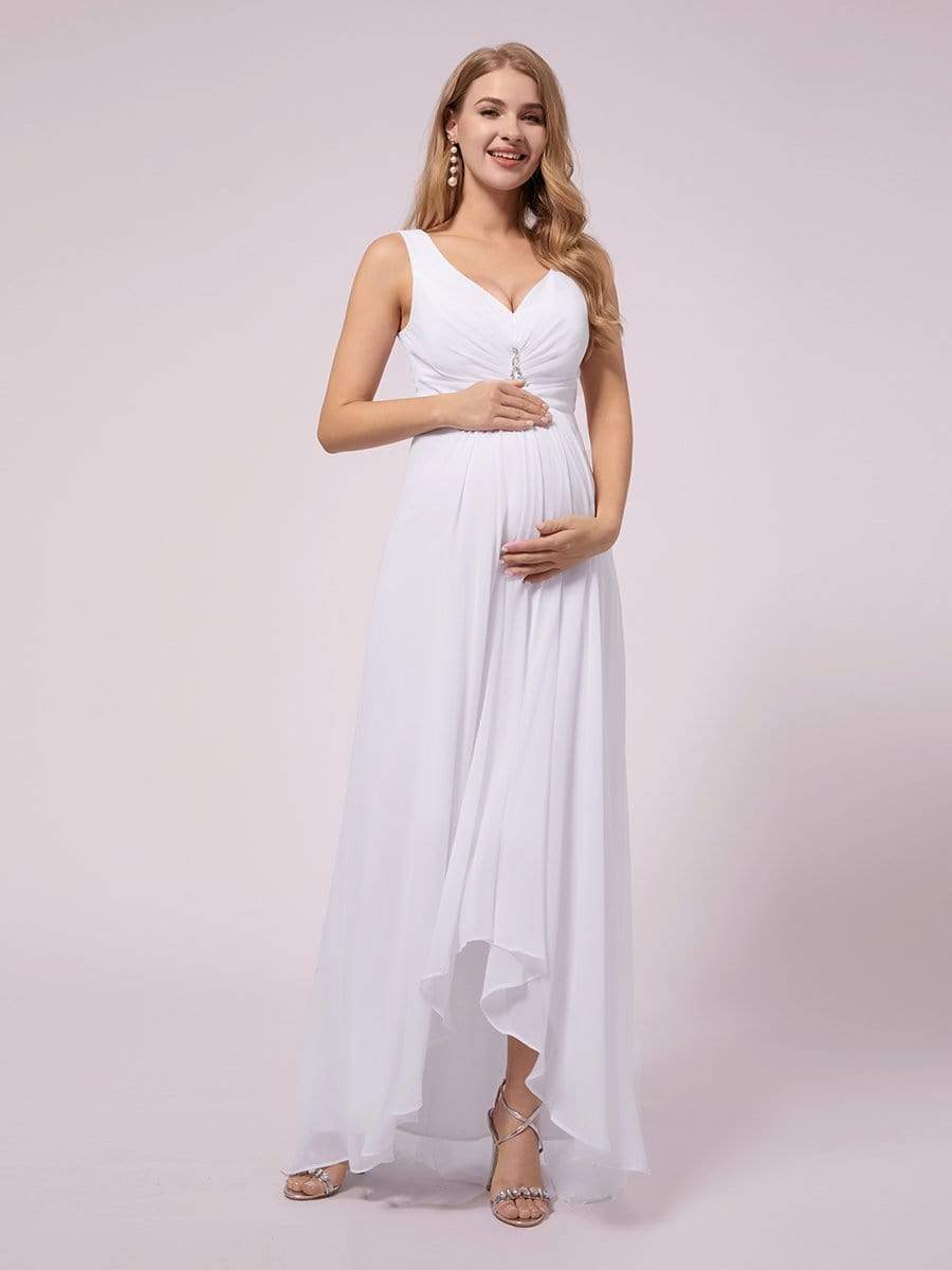 Double V-Neck High-Low Chiffon Maternity Dress #color_White