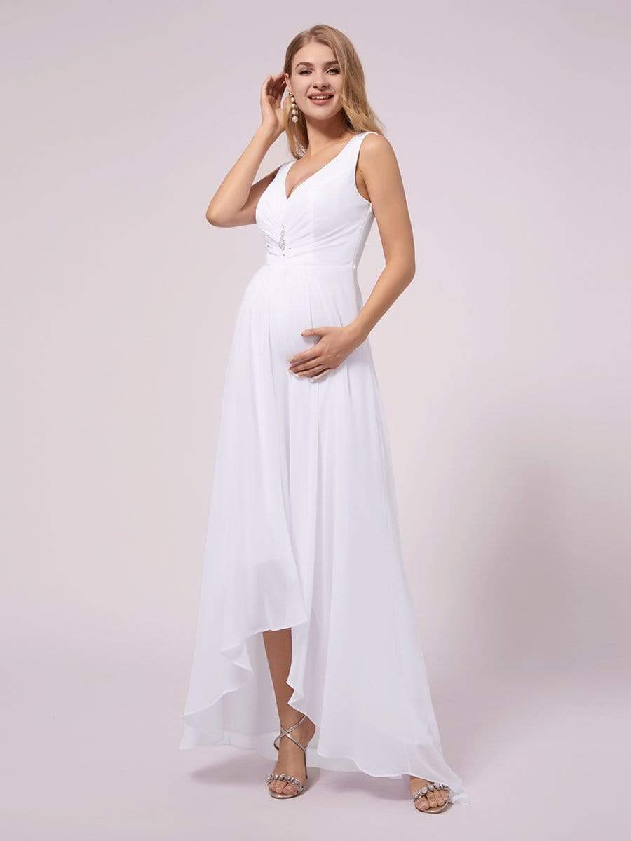 Double V-Neck High-Low Chiffon Maternity Dress #color_White