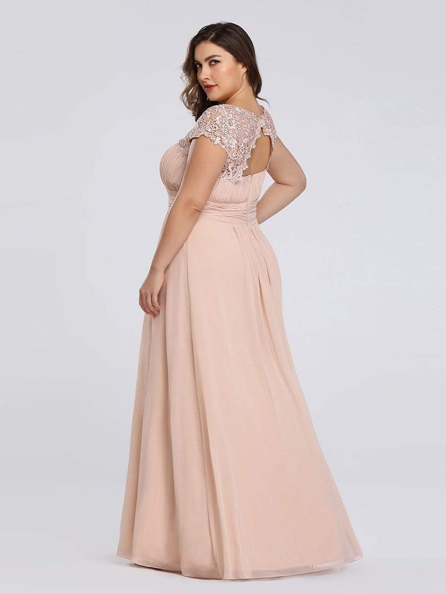 Maxi Long Lace Cap Sleeve Elegant Bridesmaid Dress #color_Blush