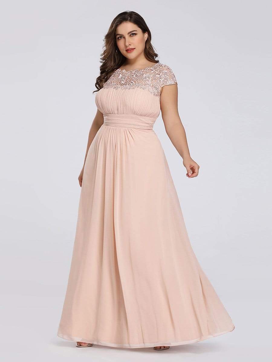 Maxi Long Lace Cap Sleeve Elegant Bridesmaid Dress #color_Blush