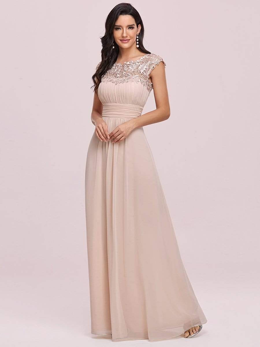 Maxi Long Lace Cap Sleeve Elegant Bridesmaid Dress #color_Blush