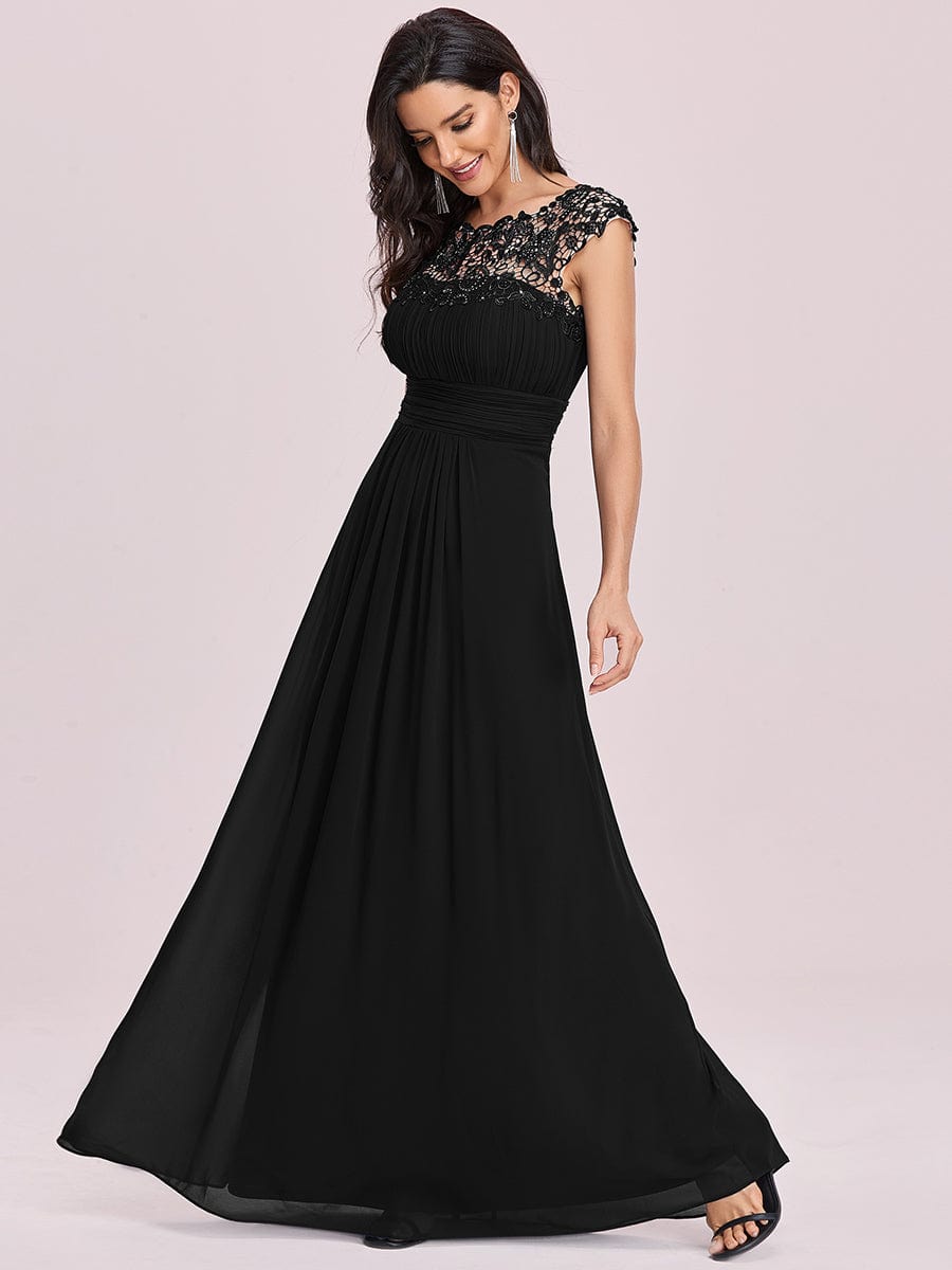 Maxi Long Lace Cap Sleeve Elegant Bridesmaid Dress #color_Black