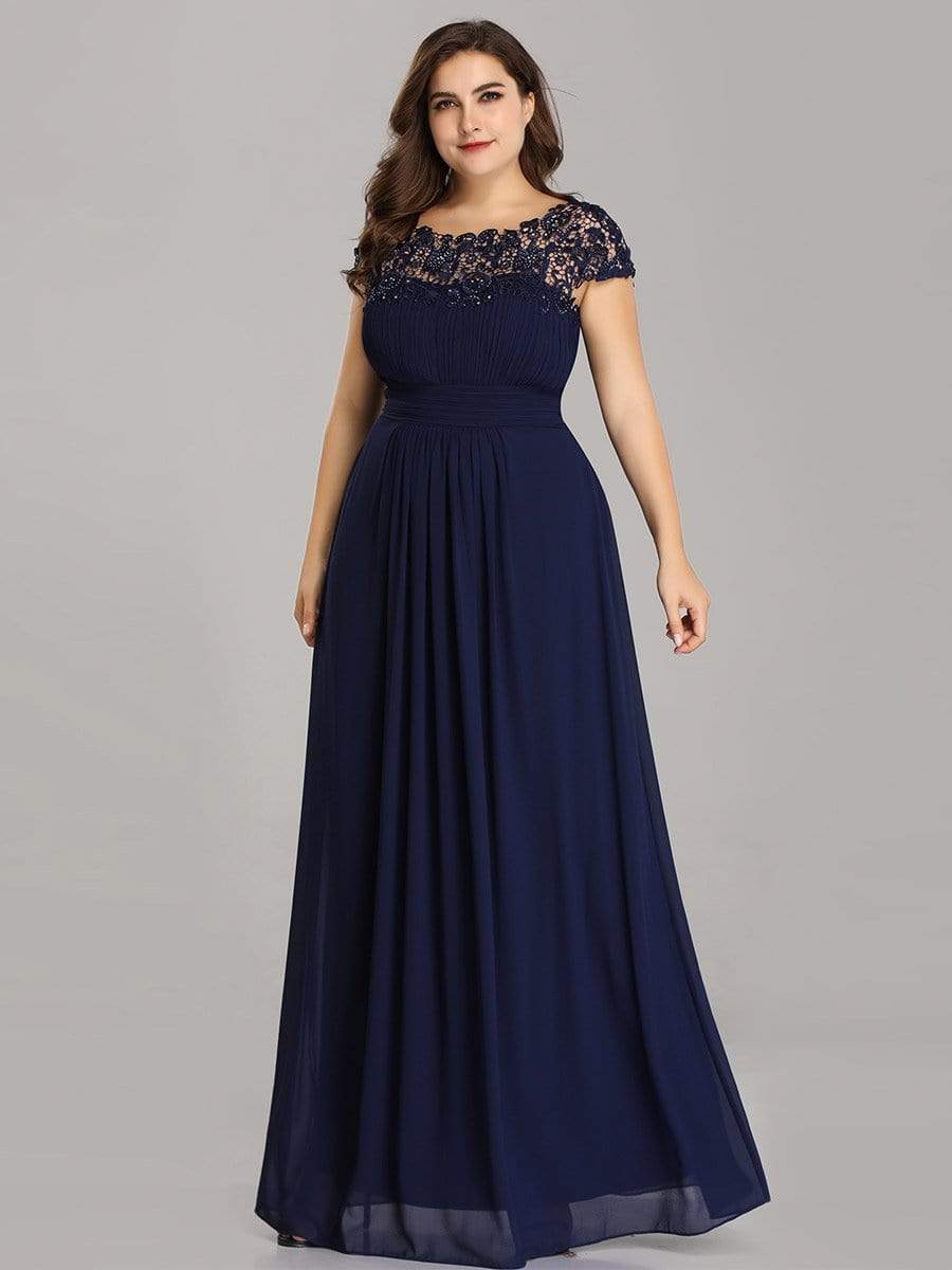 Maxi Long Lace Cap Sleeve Elegant Bridesmaid Dress #color_Navy Blue