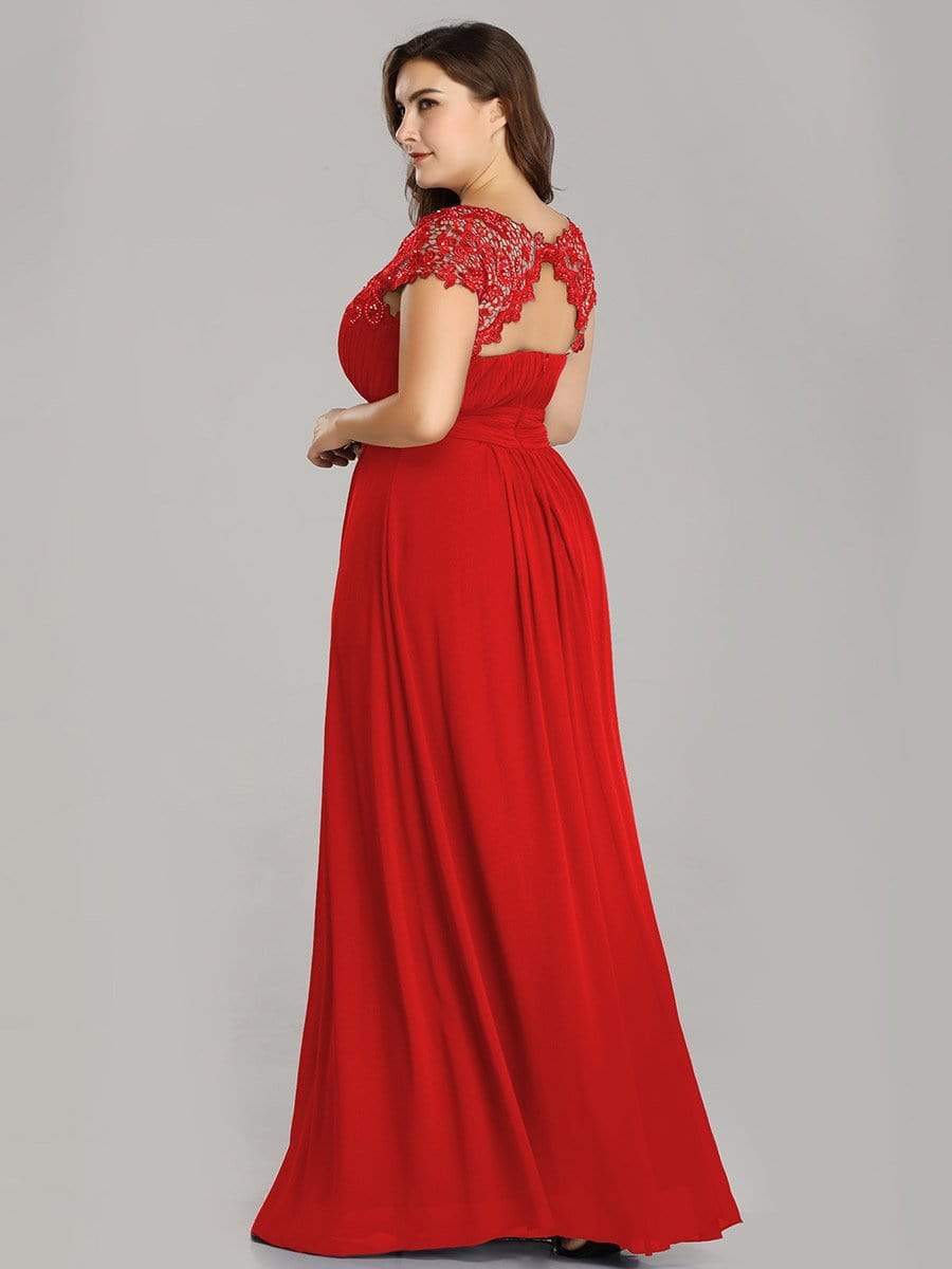 Maxi Long Lace Cap Sleeve Elegant Bridesmaid Dress #color_Red