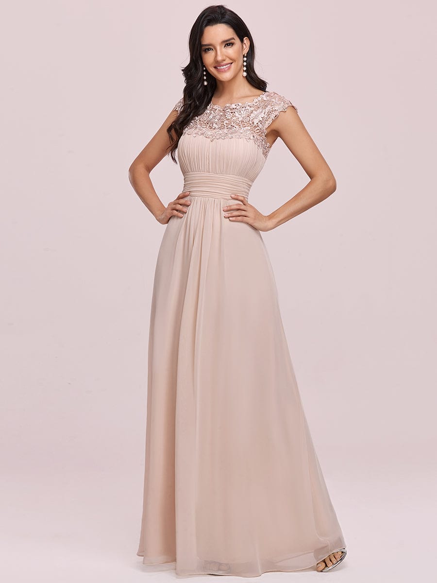 Custom Size Elegant Maxi Long Lace Cap Sleeve Bridesmaid Dress #color_Blush