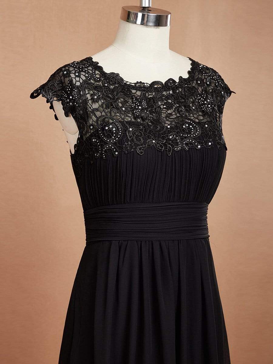 Maxi Long Lace Cap Sleeve Elegant Bridesmaid Dress #color_Black